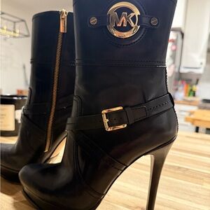 Michael Kors Black Heeled Boots with Gold Accents